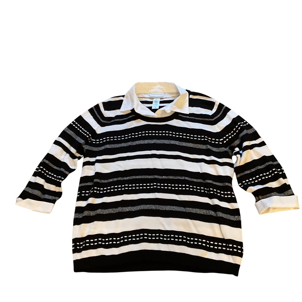 Alfred Dunner Womens Petite Medium Black White Striped Layered Collar Sweater